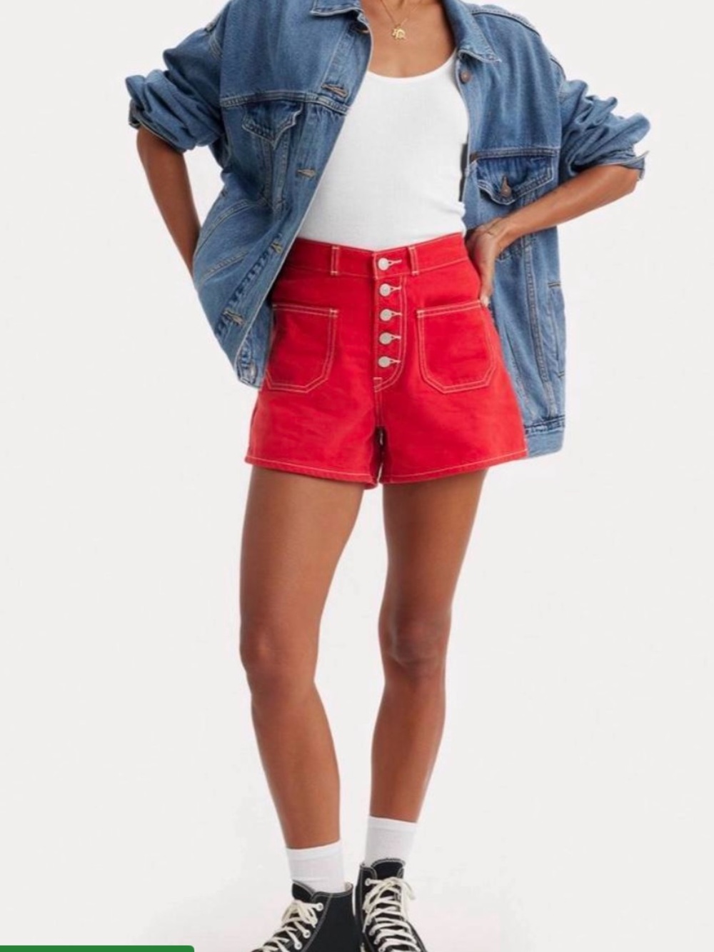 High-Waist Red Button-Front Women’s Shorts Contrast Stitching XS Patch Pocket